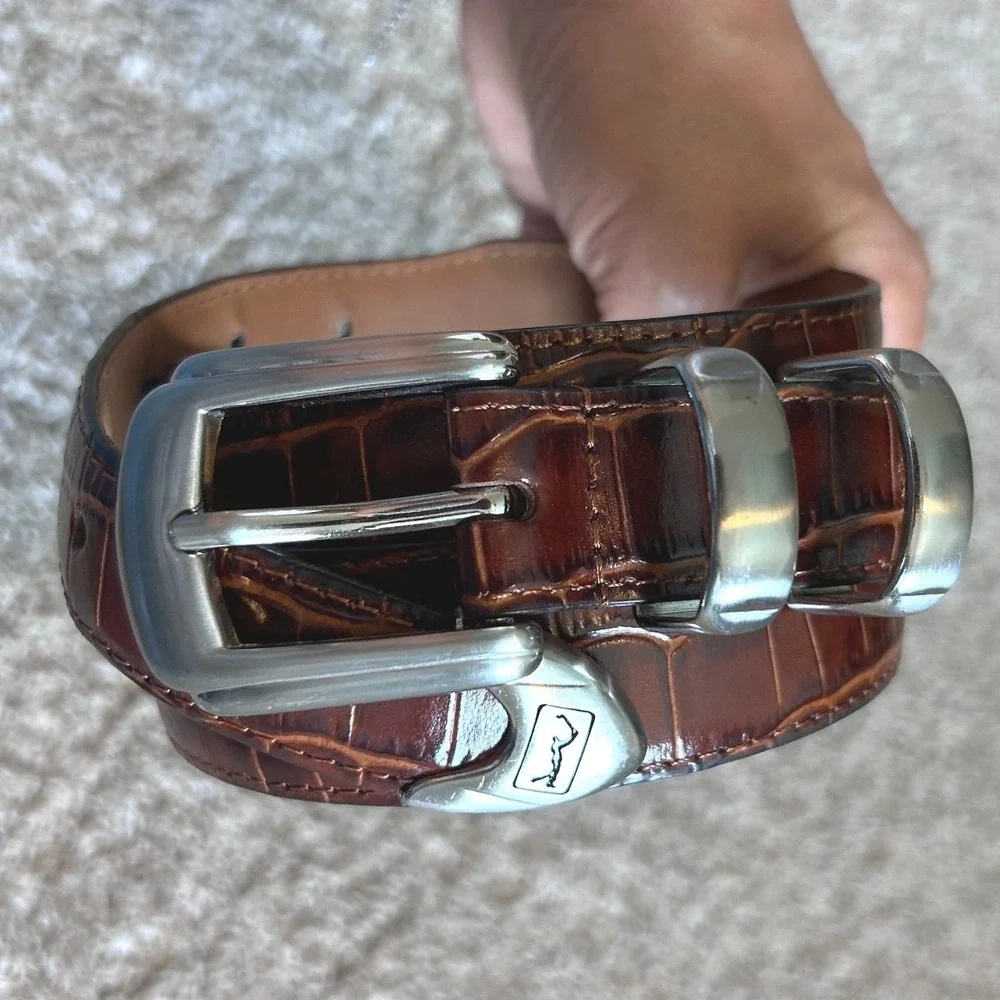 PGA Golf Brown Crocodile Embossed Leather Belt Silver Buckle 38